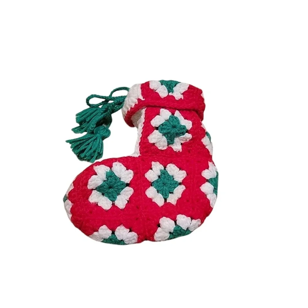 Vintage Granny Square Christmas Stocking Hand Crochet Red White Green Mini